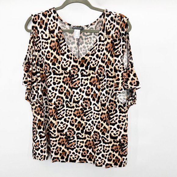 Venus Cold Shoulder V-Neck Short Sleeve Leopard Blouse XL - Picture 1 of 8